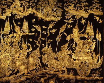Dettaglio di uno schermo con una scena del Ramakien da Thai School